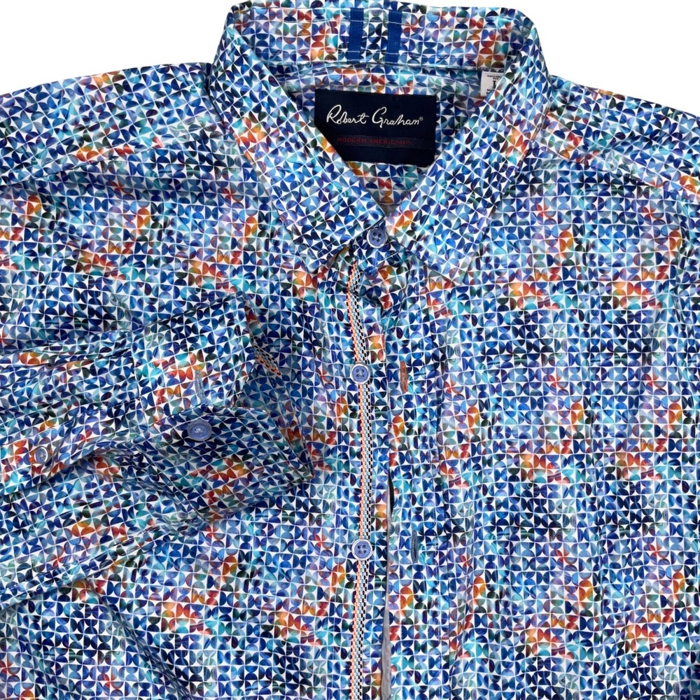 Robert Graham Mens L Blue Orange Tailored Fit Geometric Mosaic Modern Americana